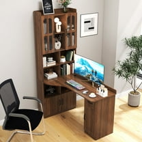 CATLK L-Shaped Office Desk with Hutch - Corner Computer Desk Featuring Drawers & Bookshelf for Office, Bedroom, Living Room Study, Walnut