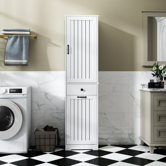CATLK Laundry Cabinet with Storage & Drawer - Freestanding Hamper Organizer for Laundry Room Bathroom Kitchen, White