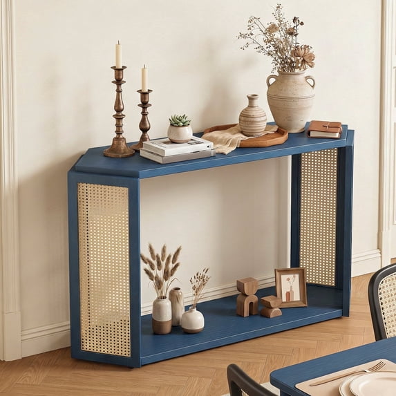 CATLK 53.54" Rattan Console Table with Open Shelf, Narrow Sofa Table Entryway Table for Hallway, Living Room, Antique Blue