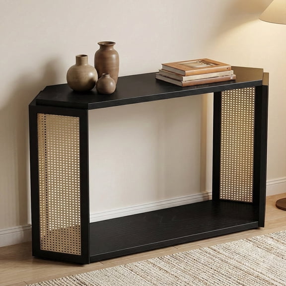 CATLK 53.54" Rattan Console Table with Open Shelf, Narrow Sofa Table Entryway Table for Hallway, Living Room, Black