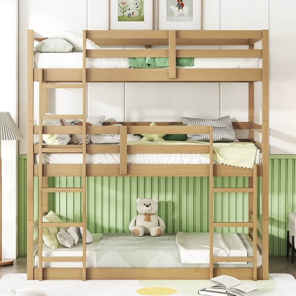 CATLK Triple Twin Bunk Bed - Twin over Twin over Twin with 2 Ladders & Guardrails, Rubber Wood Detachable Bunk Bed, Space-Saving, White Oak