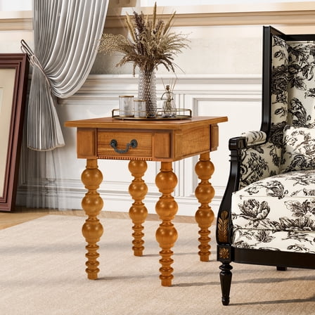 CATLK Vintage End Table, Solid Wood End Table with Drawer - Narrow Sofa Side Table for Living Room, Easy Assembly, Natural
