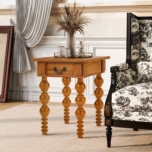 CATLK Vintage End Table, Solid Wood End Table with Drawer - Narrow Sofa Side Table for Living Room, Easy Assembly, Natural
