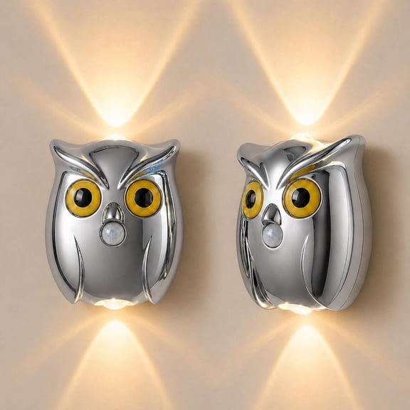 CATPAN 2-Pack Silver Owl Wall Lamp, Cute LED Night Light for Bedroom Decor, Warm Ambient Lighting for Kids Room, Nursery & Hallway, Creative Animal Wall Light, Gift for Home Decoration