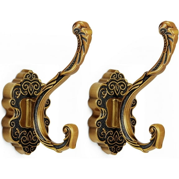 CATPAN 2 Pcs Vintage Coat Hooks Antique Brass Wall Hooks for Hanging Purse Hat Keys Clothes Curtain Unique Heavy Duty Bathroom Decor