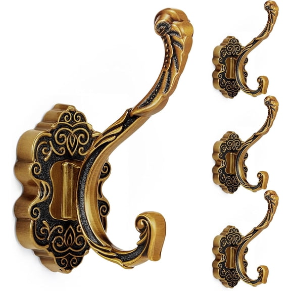 CATPAN 2 Pcs Vintage Coat Hooks Antique Brass Wall Hooks for Hanging Purse Hat Keys Clothes Curtain Unique Heavy Duty Bathroom Decor