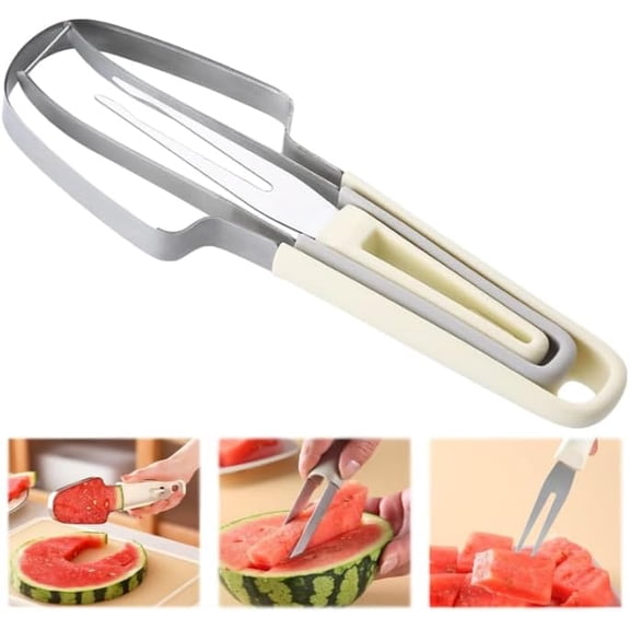 CATPAN 3-in-1 Watermelon Fork Slicer Cutter，Stainless Steel Watermelon Popsicle Cutter Watermelon Cutter Slicer Tool Melon Cutter Knife Portability Fruit Fork for Camping Kitchen Gadgets (Beige)