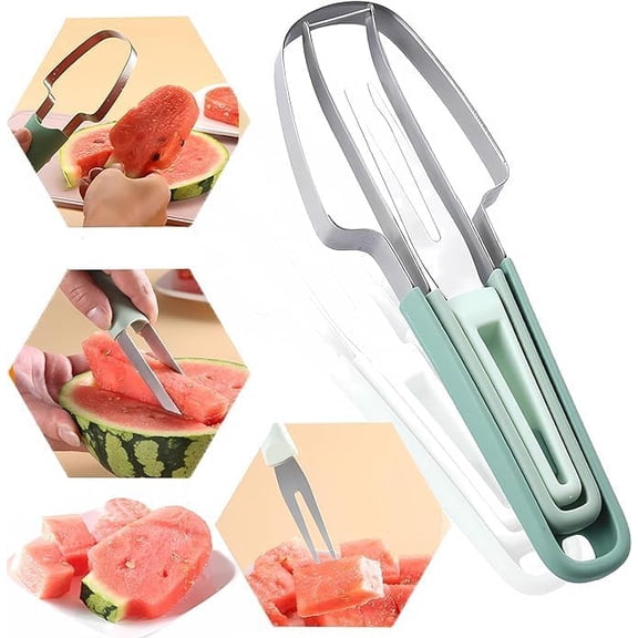 CATPAN 3-in-1 Watermelon Fork Slicer Cutter,Stainless Steel Watermelon Popsicle Cutter Watermelon Cutter Slicer Tool Melon Cutter Knife Portability Fruit Fork for Camping Kitchen Gadgets (Green)