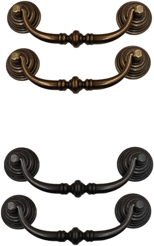 CATPAN 4 Pack Vintage Cabinet Pulls Handles Cabinet Dresser Drawer Drop Rings Handles Furniture Hardware Antique Screw Spacing 4.33 Inch (Brass+Iron Black)