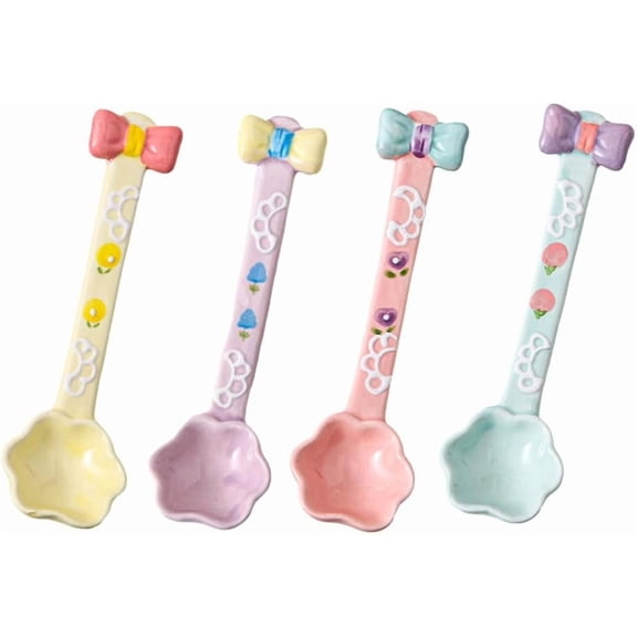 CATPAN (4 Pieces) Ceramic Spoon Cute Dessert Girly Rice Stirring Household Coffee Ice Cream (Mixed)
