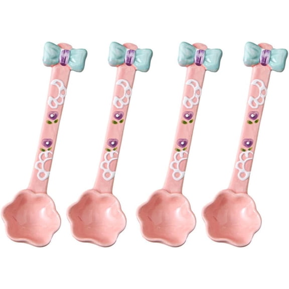 CATPAN (4 Pieces) Ceramic Spoon Cute Dessert Girly Rice Stirring Household Coffee Ice Cream (Pink)