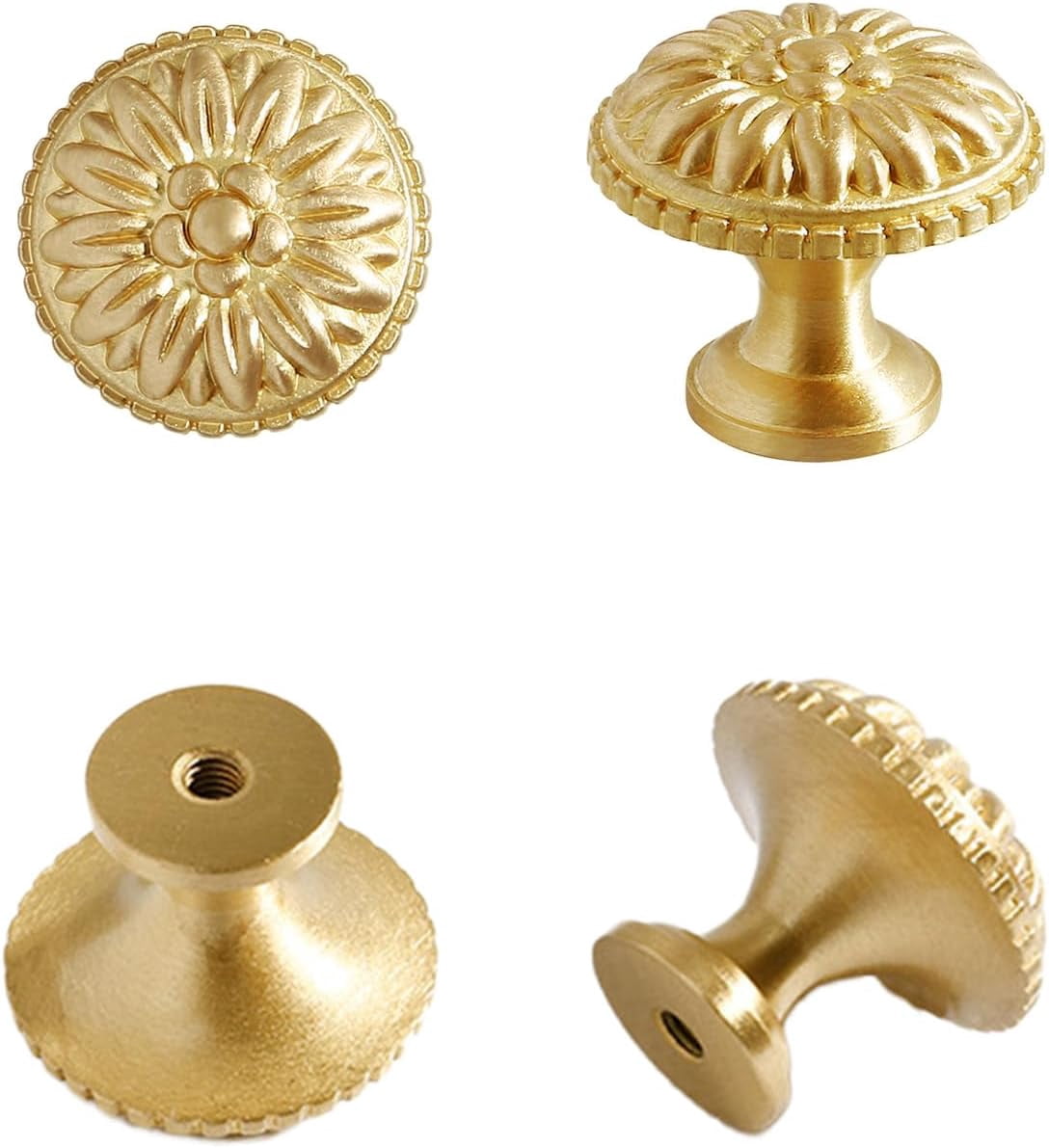 CATPAN 4PCS Gold Brass Drawer Knobs, Solid Copper Gold Brass Cabinet Knobs Decorative Knob Vintage Antique Flower Round Brushed Gold Solid Copper Drawer Cabinet Dresser Knob Pull Handle