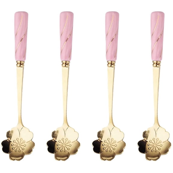 CATPAN 4pcs Stainless Steel Coffee Spoon Flower- shaped Spoons Tea Sugar Spoon Dinner Espresso Spoons for Dessert Cake Mixing Drinks Appetizer (Pink)