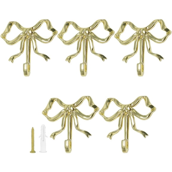 CATPAN 5Pcs Bow Wall Hooks - CATPAN Gold Decorative Coat/Towel Hooks for Bathroom, Bowknot Hangers with Screws, Alloy Cute Shower Curtain & Robe Hook, Heavy Duty Home Decor (Gold)