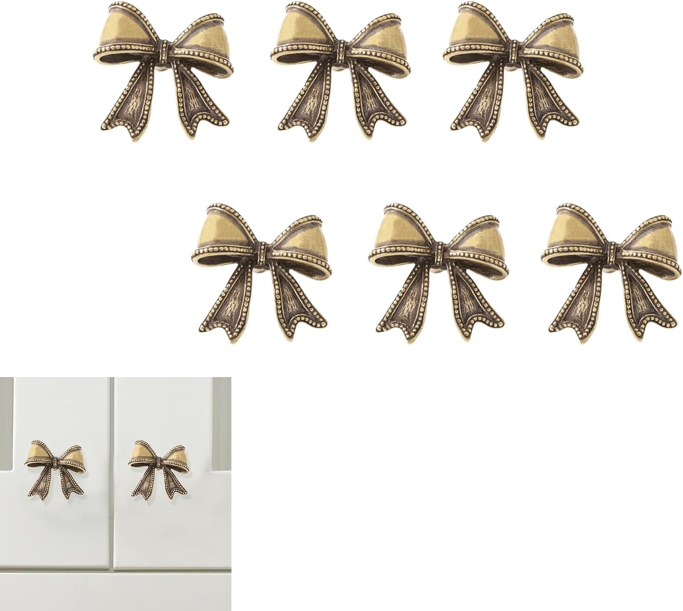 CATPAN 6 Pack Antique Gold Bow Cabinet Knobs Brass,Rustic Bowknot Drawer Dresser Furniture Knobs and Pulls Vintage for Kitchen,Bathroom, Bedroom,Kid Room (Antique Gold)