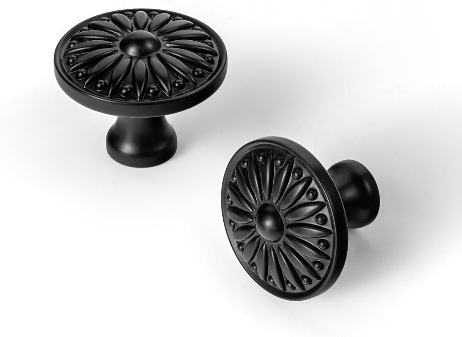 CATPAN 6 Pack Modern Black Sunburst Cabinet Knobs – Ornate Floral Design with Matte Finish for Kitchen Drawers, Doors