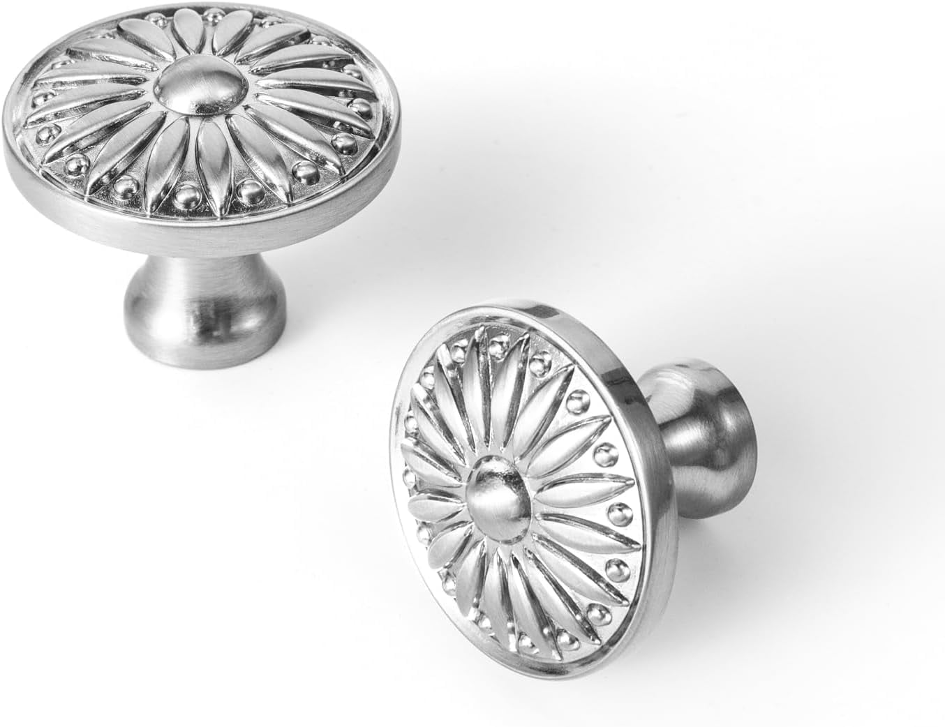 CATPAN 6 Pack Modern Satin Nickel Sunburst Cabinet Knobs – Ornate Floral Design with Brushed Finish for Kitchen Drawers, Doors