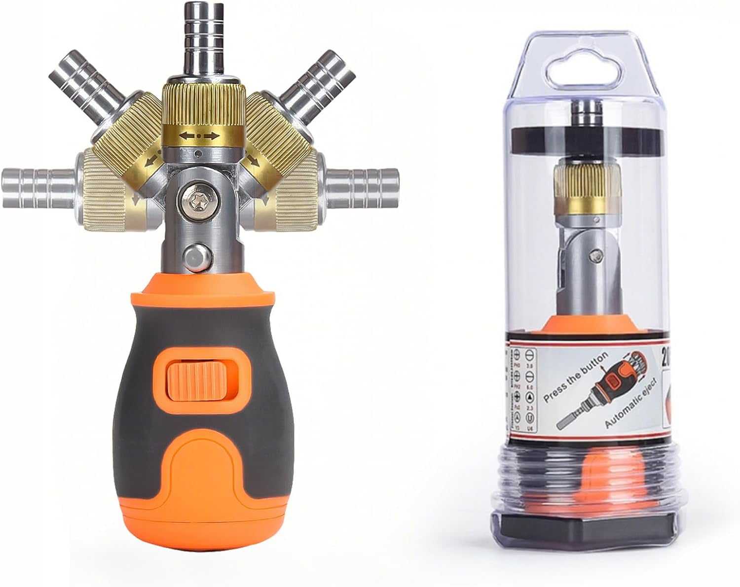CATPAN 8-in-1 Magnetic Ratcheting Screwdriver Set with Phillips/Torx/Hex/Square Heads ,180° Pivoting Angle, Compact Electrician & DIY Hand Tool Kit Small Mini Set (Orange)