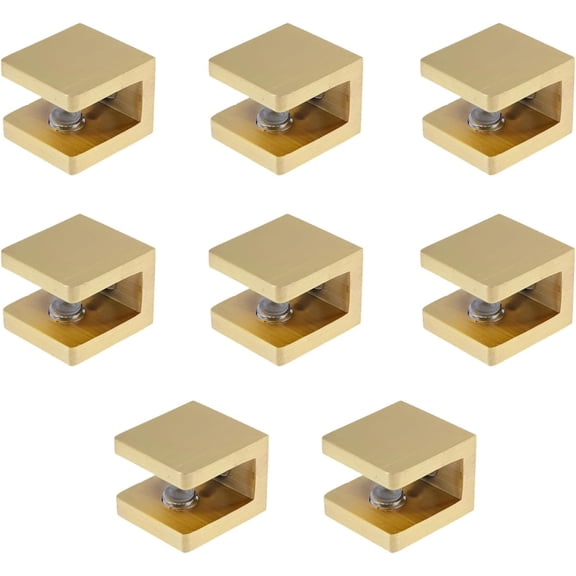 CATPAN 8pcs Brass Glass Clamp Shelf Clips U Clamp Shelf Bracket No-drill-on-glass Fixed Panel Clip Holder Adjustable Support Bracket for 0.32"-0.39"(8-10mm) Glass Gold