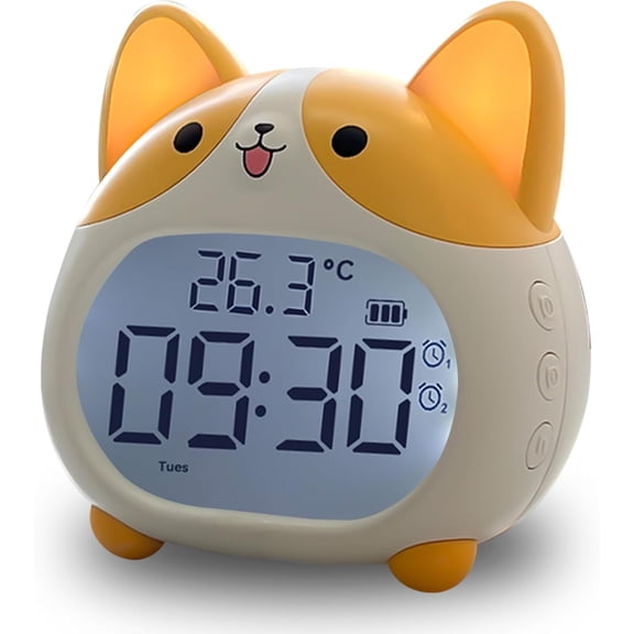 CATPAN Alarm Clocks for Kids - Cute Dog Clock with Night Light, 6 Alarm Tones, Snooze, Timer, Date and Temperature Display - Rechargeable Battery Operated Digital Clocks for Bedroom Kids Room (Corgi)