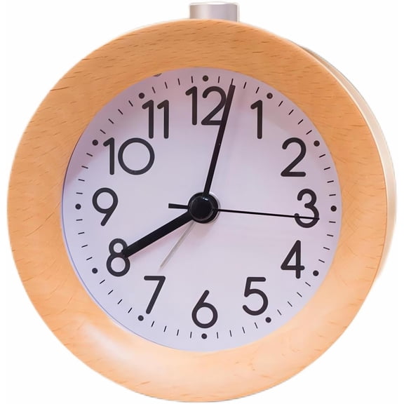 CATPAN Analog Wood Alarm Clock, Round Non Ticking Silent with Arabic Numerals Night Light Snooze Function Battery Operated Easy to Use for Desktop Bedroom Bedside (Yellow)