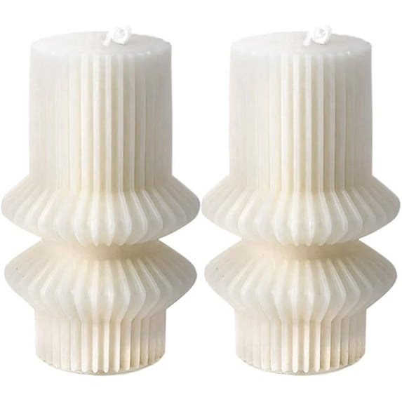 CATPAN Boho Striped Pillar White Candles, 4.3" Tall Small Decorative Candles for Wedding Decor, Coffee Table, Shelf Styling, Scented Soy Wax Aesthetic White Home, Space Centerpiece, 2 Pack