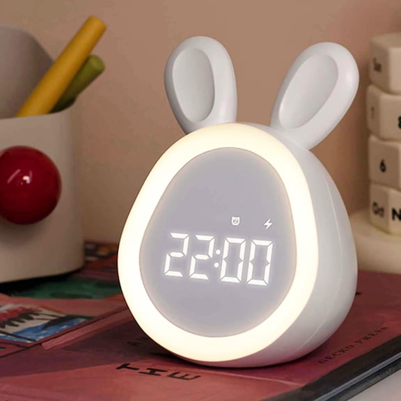 CATPAN Bunny Alarm Clock Night Light for Kids with Temperature Brightness Adjustable and Time Display, Rechargeable, Timing Function, Non-Flickering Eye-Caring LED Warm Light (Milk White)