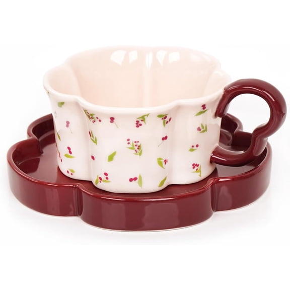 CATPAN Ceramic Coffee Mug with Saucer Set, Made of ceramicCreative Cute Cup with Flower Coaster for Office and Home, such as daily coffee/tea, brunch gatherings8.4 oz/240 ml for Tea Latte (Cherry)