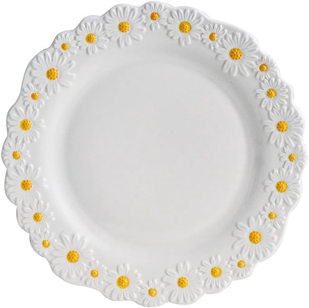 CATPAN Ceramic Daisy Flat Plate Embossed Dessert Dish Small Daisy Edge Relief Dinnerware Steak Plate Irregular Dining Dish for Soup Crockery Kitchen Decoration Tableware Household Wedding