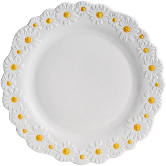 CATPAN Ceramic Daisy Flat Plate Embossed Dessert Dish Small Daisy Edge Relief Dinnerware Steak Plate Irregular Dining Dish for Soup Crockery Kitchen Decoration Tableware Household Wedding