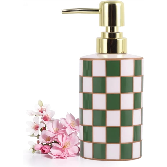 CATPAN Checkered Bathroom Soap Dispenser,Gold Pump Ceramic Soap Dispenser,Kitchen Checkerboard Empty Pump Bottle,Bath Countertop Storage Organizer,Checkered Bathroom Decor (Green)