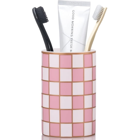 CATPAN Checkered Bathroom Toothbrush Holder, Bathroom Black and White Ceramic Toothbrush Holder, Modern Toothbrush Box, Used for Bathroom countertop Storage Rack, Checkered Bathroom Decoration (Pink)