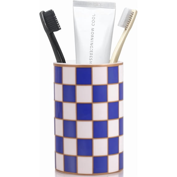 CATPAN Checkered Bathroom Toothbrush Holder, Bathroom Black and White Ceramic Toothbrush Holder, Modern Toothbrush Box, Used for Bathroom countertop Storage Rack, Checkered Bathroom Decoration (Blue)