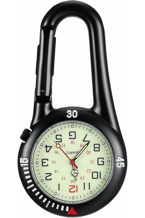 Clip-on Light Alloy Unisex Backpack Buckle Belt fob Watch Black with White dial Ideal for Doctors Climbing (Black)