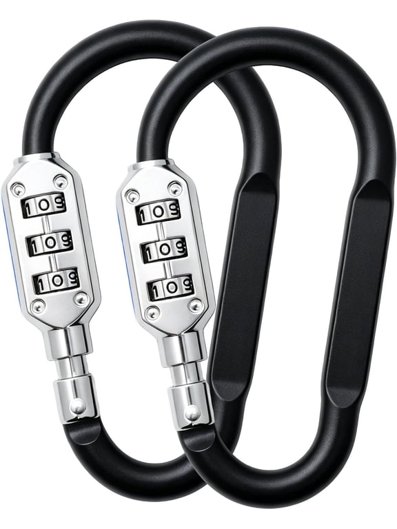 Combination Lock Carabiner, 3-Digit Resettable Anti-Theft Aluminum Alloy Lock,Suitable for Helmet, Luggage, Backpack, Bicycle Basket etc(D Shaped,Black,2pcs)