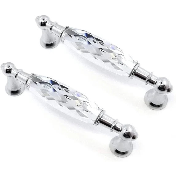 CATPAN Crystal Drawer Pulls Handles 3.75'' Hole to Hole Clear Glass Cabinet Knobs Pulls Dresser Knob Chrome Metal Silver Modern Cupboard Kitchen Bathroom Knobs (2, 3.75" Hole to Hole)