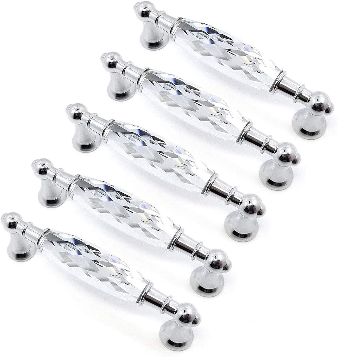 CATPAN Crystal Drawer Pulls Handles 3.75'' Hole to Hole Clear Glass Cabinet Knobs Pulls Dresser Knob Chrome Metal Silver Modern Cupboard Kitchen Bathroom Knobs (5, 5.0" Hole to Hole)