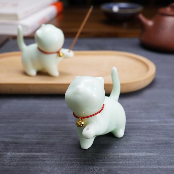 CATPAN Cute Ceramic Cat Incense Stick Holder, Incense Burner Set, Large Beechwood Ash Catcher Copper Incense Stand Incense Sticks Brush, Meditation Yoga Massage Work Read Home Decor (A, B-Green)