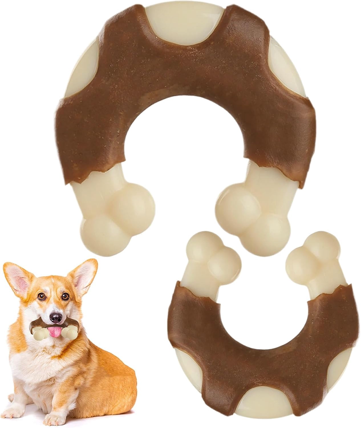CATPAN Durable Nylon Dog Bones, 2 Pack Dog Toys for Aggressive Chewers, Beef-Flavored U-Shaped Bone Chew Toys for Largel/Medium/Small Dogs, Teething and Boredom Relief