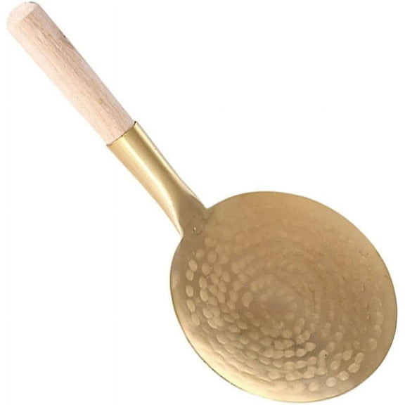 CATPAN Flat Kitchen Tofu Scoop Spoon Copper Japanese Rice Spatula Wood Handle Oil Skimming Ladle Large Food Serving Spoon Non Stick Utensil 10cm