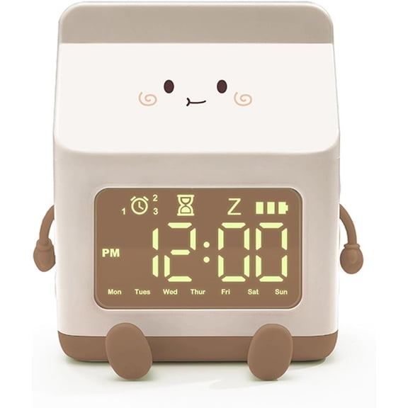 CATPAN Fun Milk Box Alarm Clock, Student Countdown Cartoon Alarm Clock Children Digital Cute Wake Up Alarm Clock for Bedroom Room Decor (Brown)