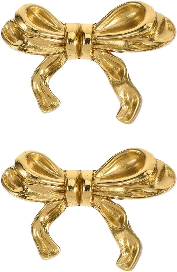 CATPAN 2 Packs  Solid Brass Bow Drawer Pulls - Elegant Vintage Gold Cabinet Knobs for Dresser, Kitchen, Wardrobe - Antique Finish Hardware Pulls