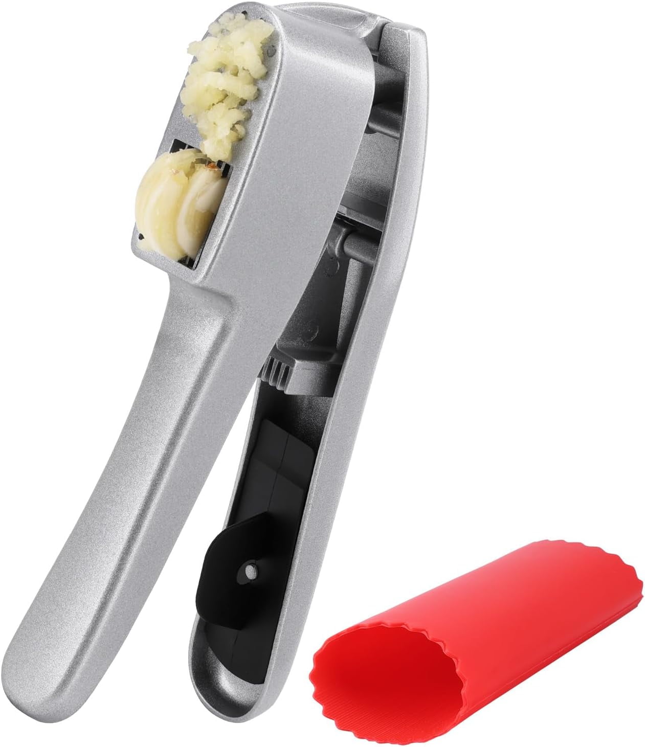 CATPAN Garlic Press and Peeler Set - Silicone Garlic Peeler Tube Roller and Aluminium Garlic Press with Built-In Cleaning Tool Garlic Crusher, Mincer & Peeler for Unpeeled Garlic Cloves