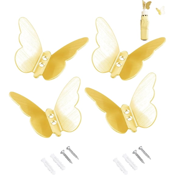 CATPAN Gold Butterfly Wall Hooks, 4 Pack Stainless Steel Cute Hooks for Bathroom, Bedroom, Kids Room - Decorative Towel, Coat, Robe Hook for Women & Girls (Gold)