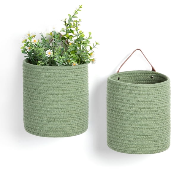 CATPAN Hanging Basket with Handle, Set of 2 Small Rope Hanging Wall Baskets for Decor, 7 X 8 Inches Woven Fern Hanging Storage Basket for Organizing (Green)
