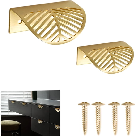 CATPAN 2PCS Brass Edge Pulls, Copper Back Mount Finger Edge Pulls Concealed Hidden Drawer Wardrobe Pull Handles Knobs Arc Invisible Concealed Tab Pull (Length: 2.4 inches, Hollow Out)