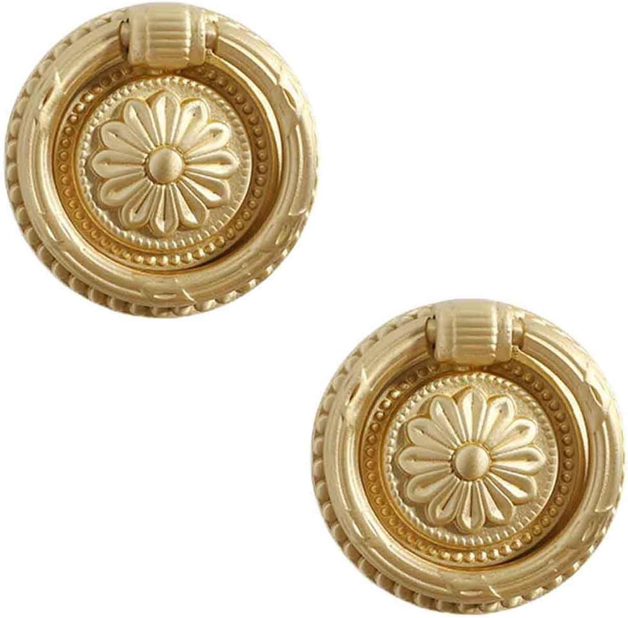 CATPAN Ring Drawer Knobs, Brass Retro Vintage Flower Pattern Brass Cabinet Knobs Dresser Cabinet Pull Ring Gold Cabinet Cupboard Knob for Dresser Drawers Single Hole Knob (2PCS)