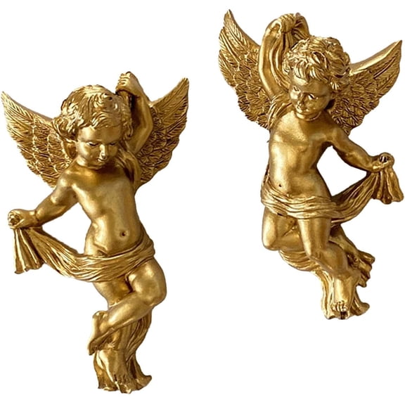 CATPAN Set of 2 Resin Angel Cherub Wall Sculptures Wall Adornment Adorable Angelic Figure for Wedding Decor Golden Color Versatile, Height 14.5cm