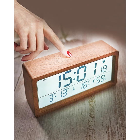 CATPAN Smart Digital Alarm Clock, Back Light, Snooze Function, Indoor Temperature Humidity, Large LCD Screen Display Time Date Week, Battery Operated - Wood
