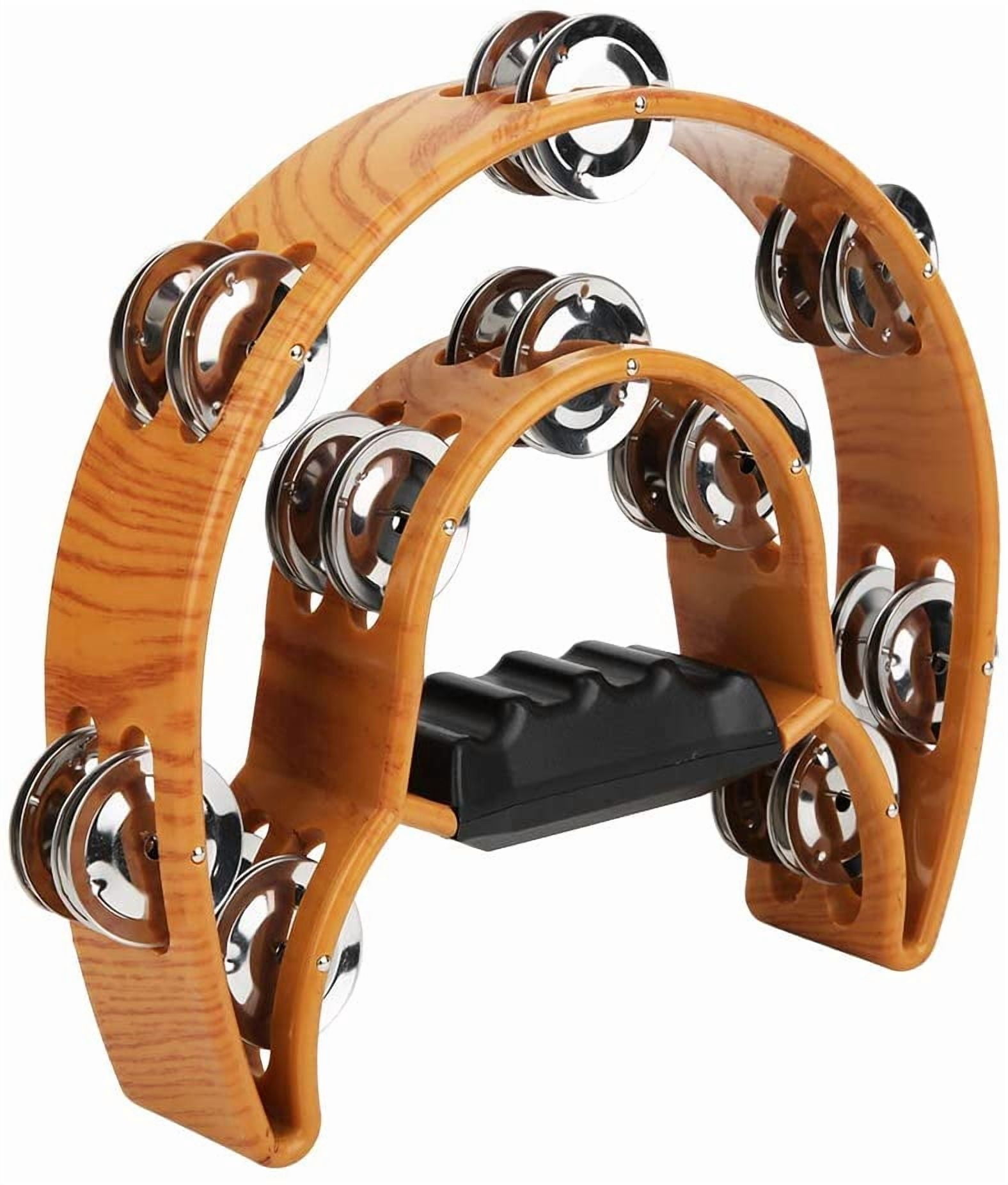 CATPAN Sturdy Wooden-Style Tambourine with Double Row Jingles & Comfort Grip - Percussion Instrument